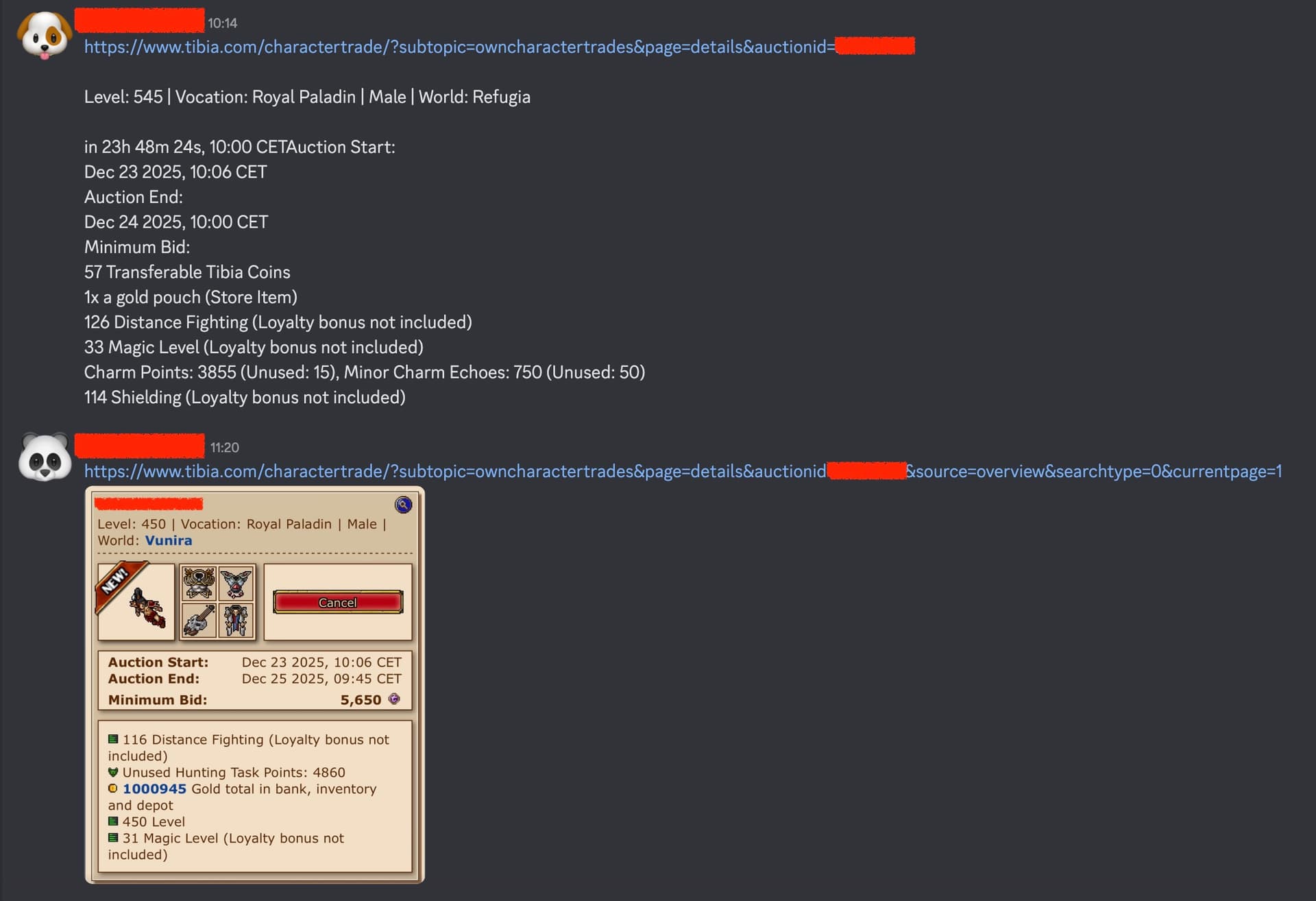 Typing auction stats